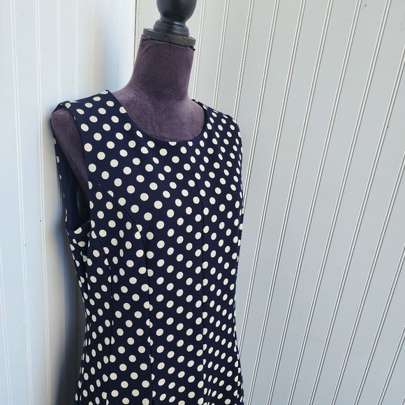 ILE NEW YORK Navy Blue Fit Flare A-Line Dress White Polka Dot Textured Stretc 10 - Picture 4 of 16